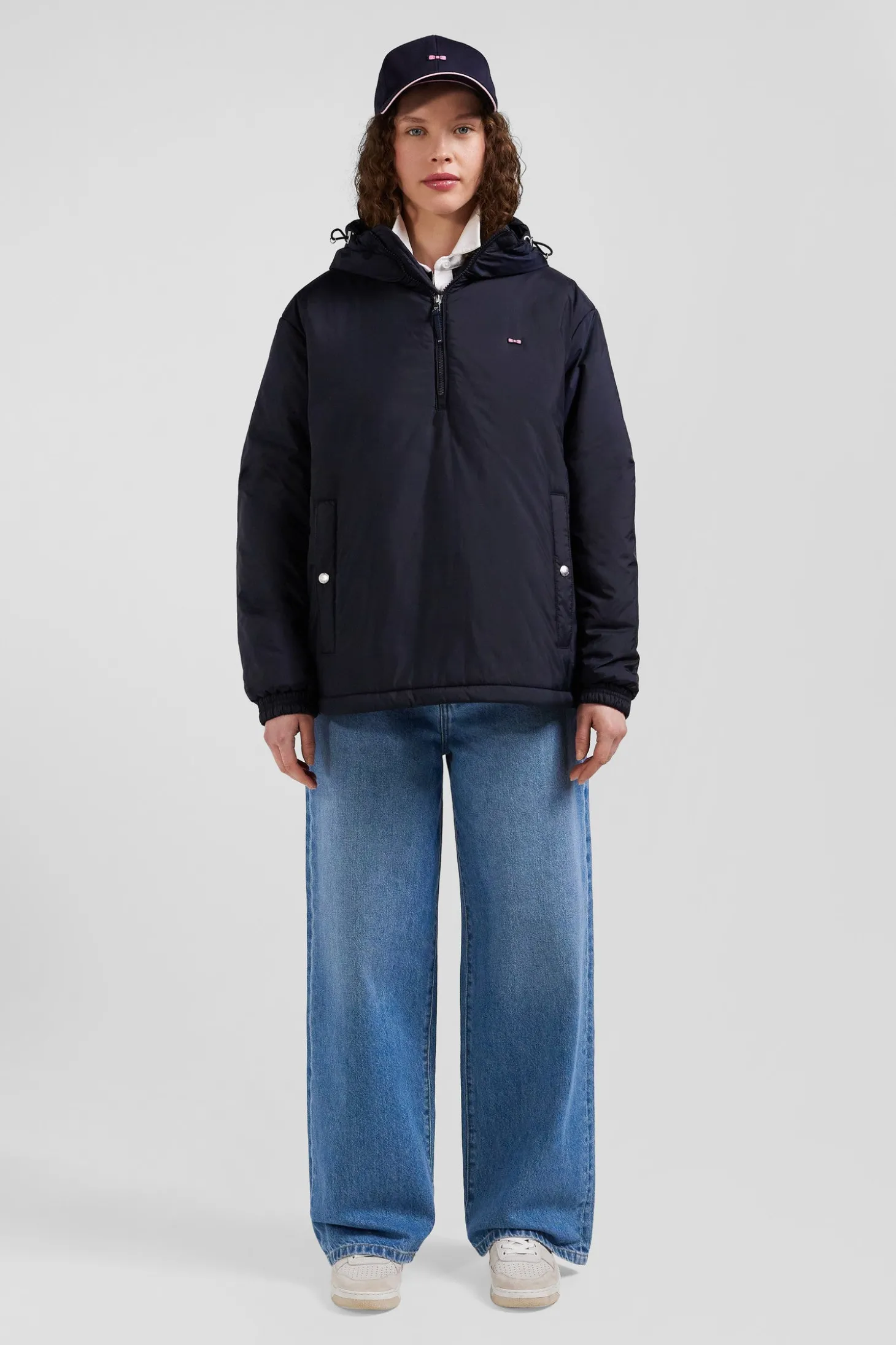 Oversize navy blue hooded down jacket