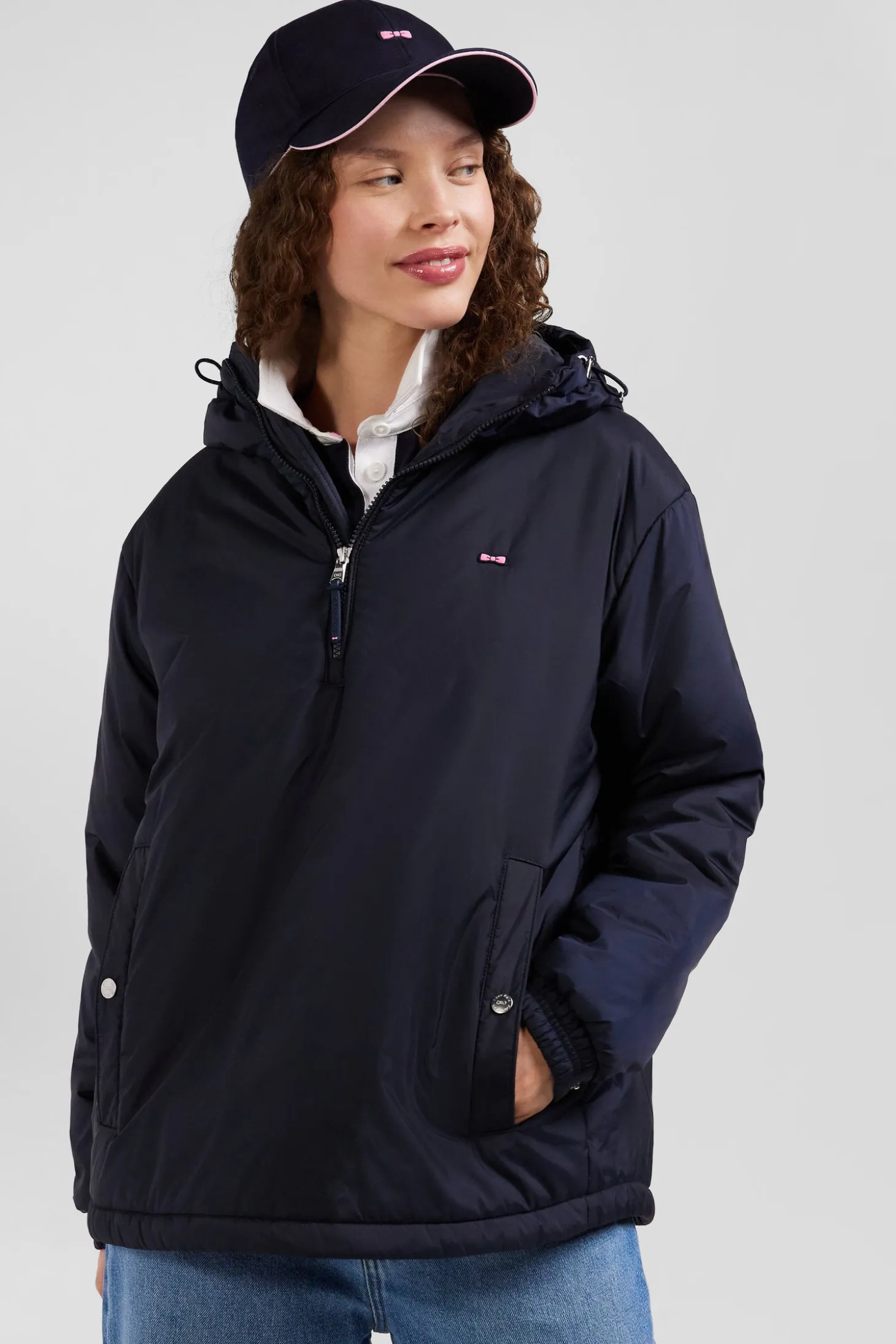 Oversize navy blue hooded down jacket
