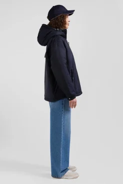 Oversize navy blue hooded down jacket