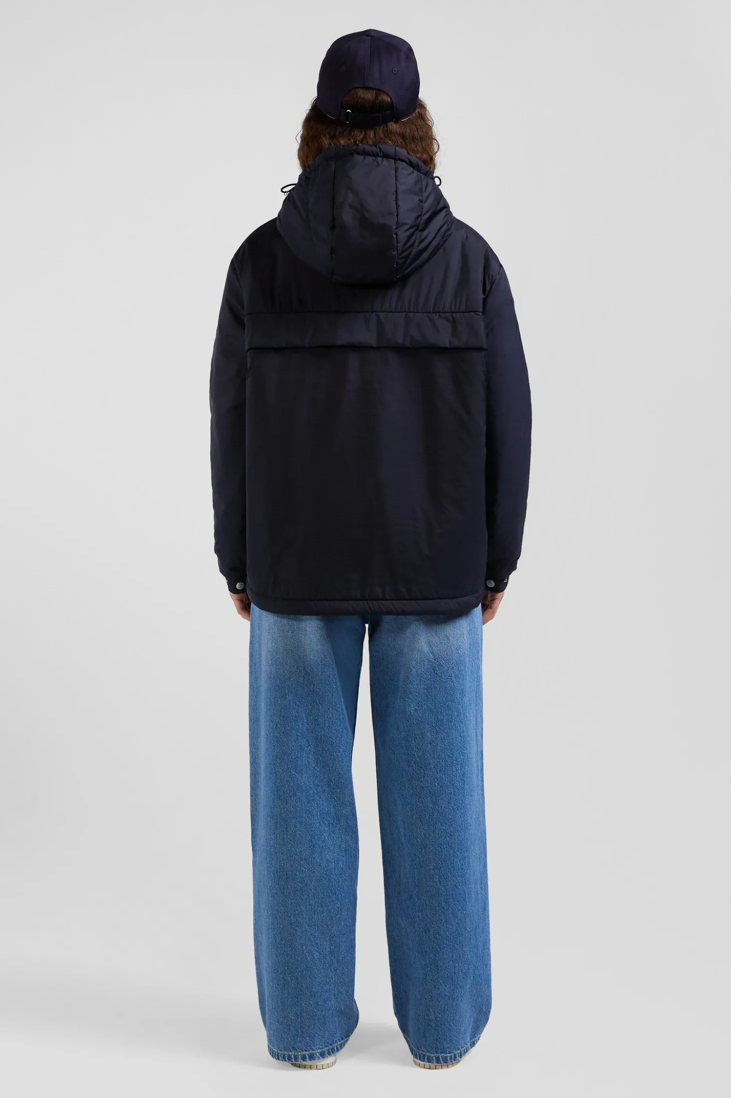 Oversize navy blue hooded down jacket