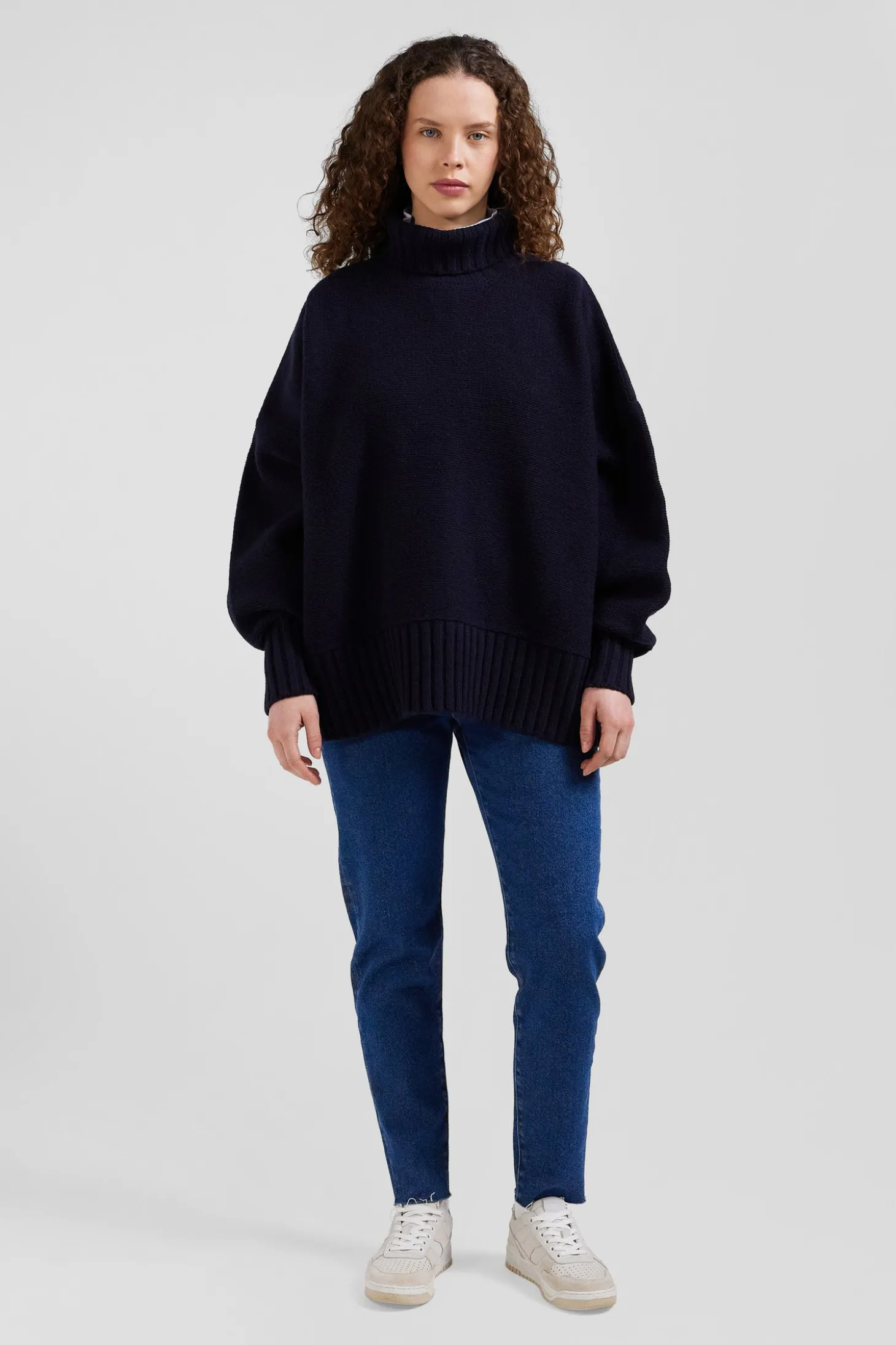 Oversize navy blue wool blend turtleneck jumper