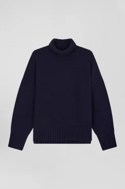 Oversize navy blue wool blend turtleneck jumper