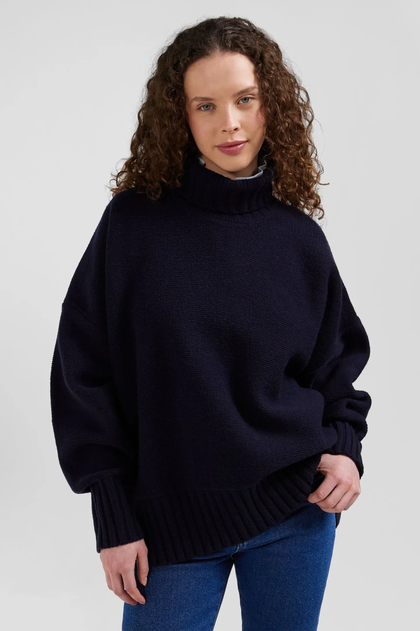 Oversize navy blue wool blend turtleneck jumper