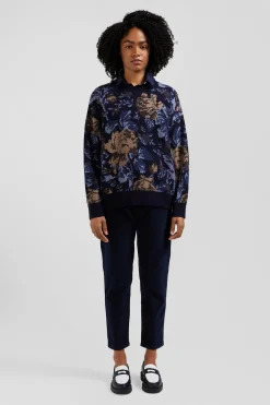 Oversize navy wool and cotton crew neck jumper with floral patterns