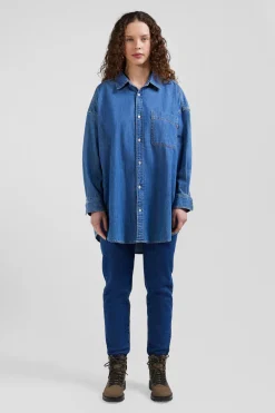 Oversize sky blue cotton shirt with patch pocket