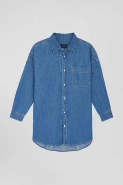 Oversize sky blue cotton shirt with patch pocket
