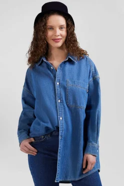 Oversize sky blue cotton shirt with patch pocket