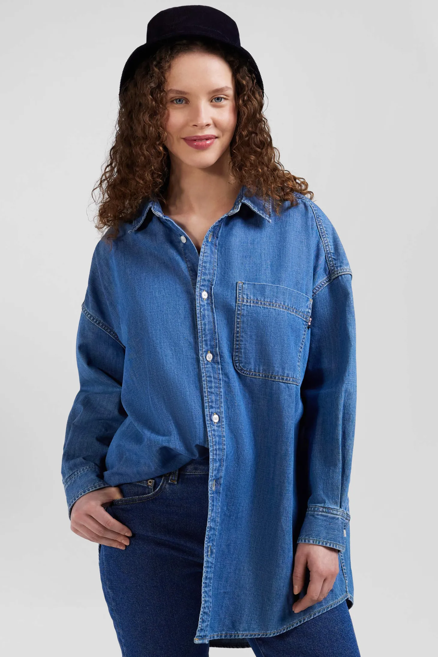 Oversize sky blue cotton shirt with patch pocket