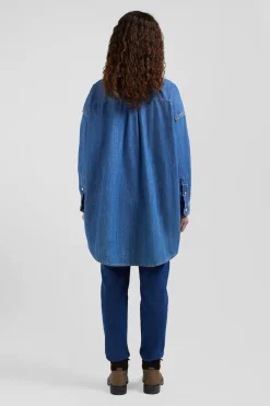 Oversize sky blue cotton shirt with patch pocket