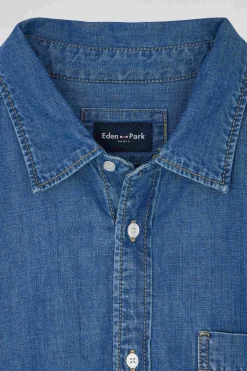 Oversize sky blue cotton shirt with patch pocket