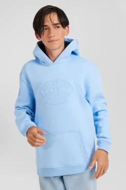 Oversize sky blue embroidered cotton blend hoodie