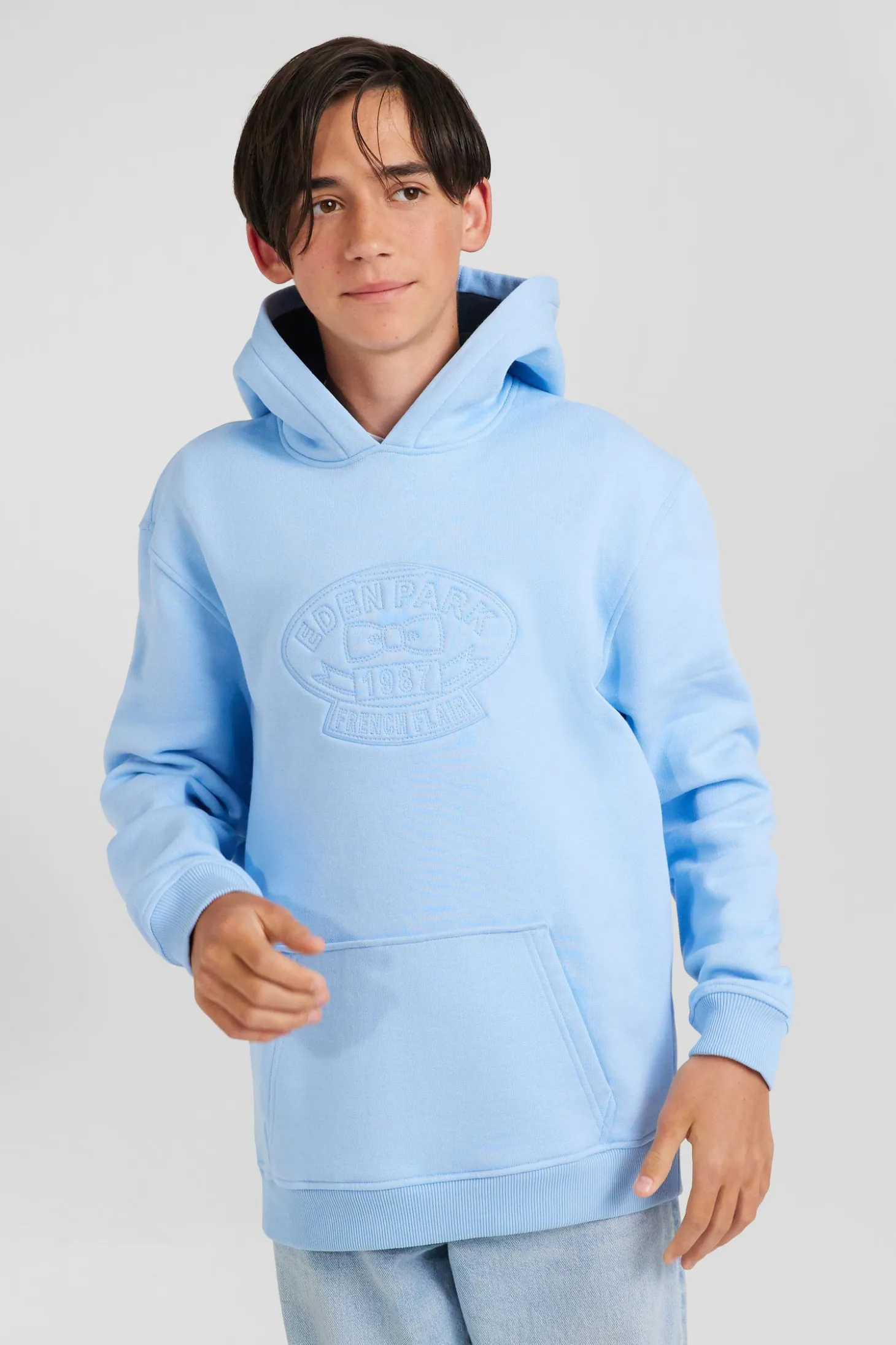 Oversize sky blue embroidered cotton blend hoodie