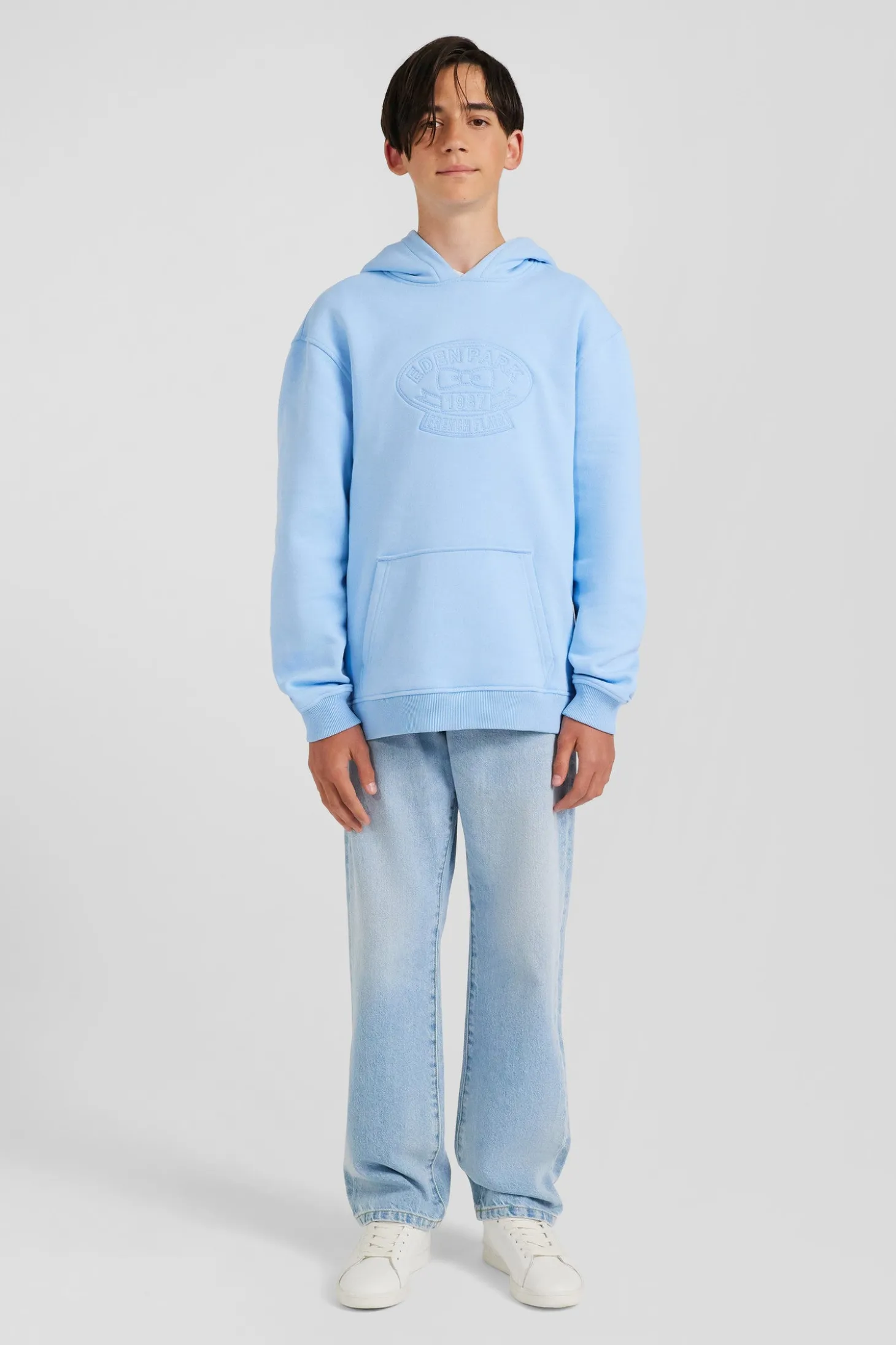 Oversize sky blue embroidered cotton blend hoodie