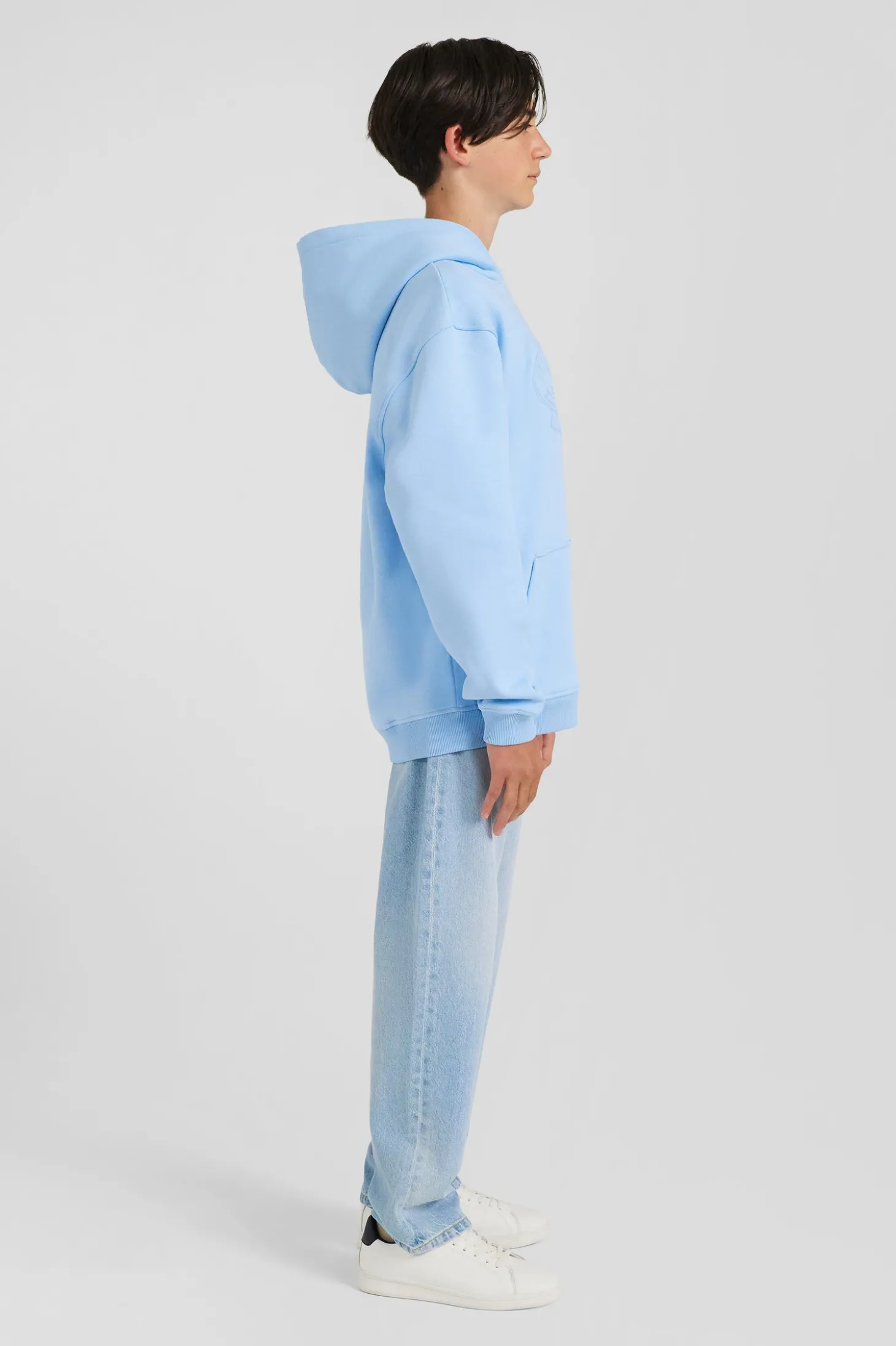 Oversize sky blue embroidered cotton blend hoodie