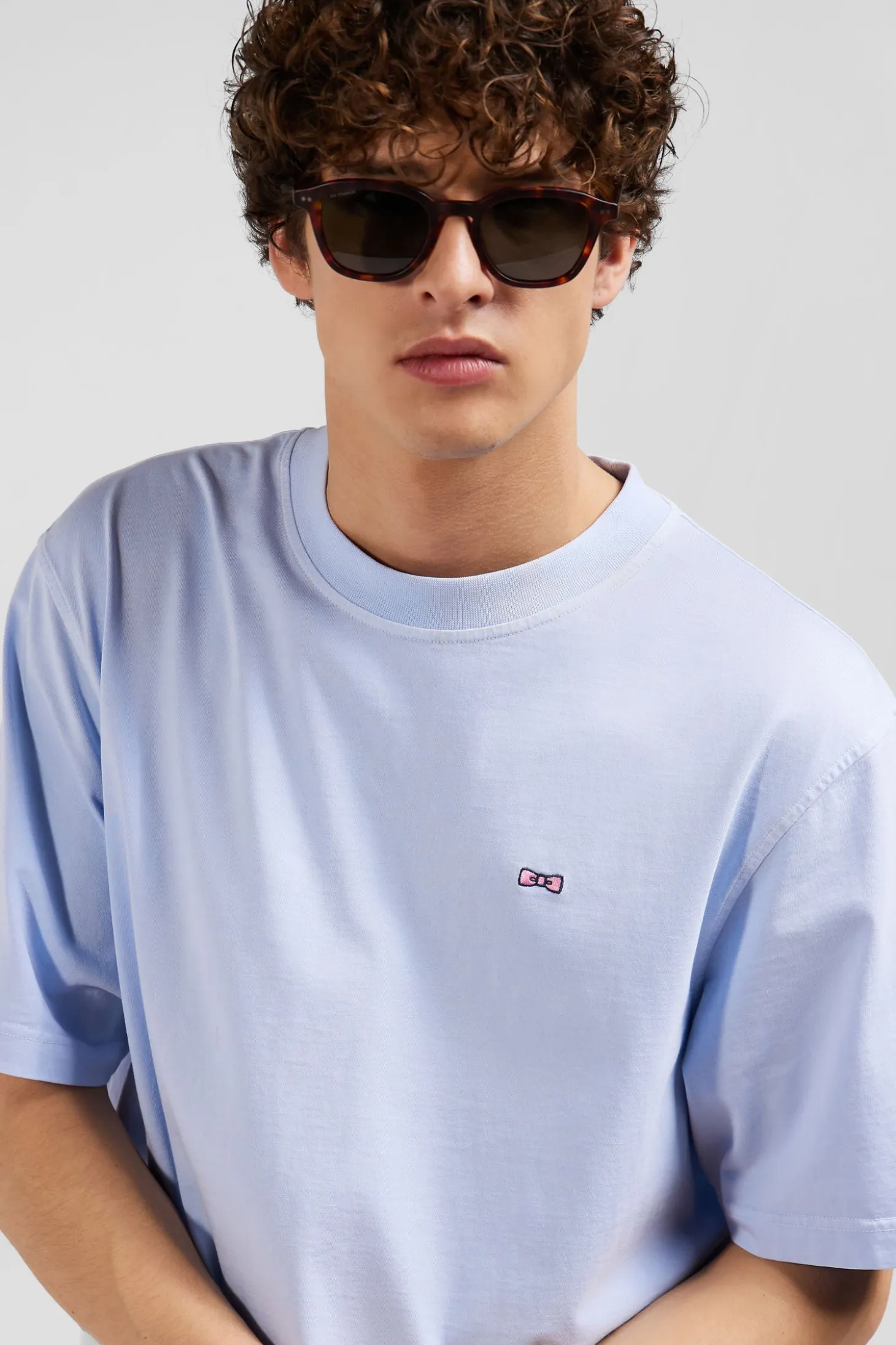 Oversize sky blue unisex short-sleeved T-shirt in overdyed cotton