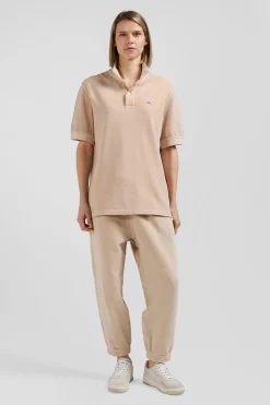Oversized beige unisex short-sleeved cotton piqué polo shirt