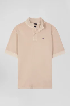 Oversized beige unisex short-sleeved cotton piqué polo shirt