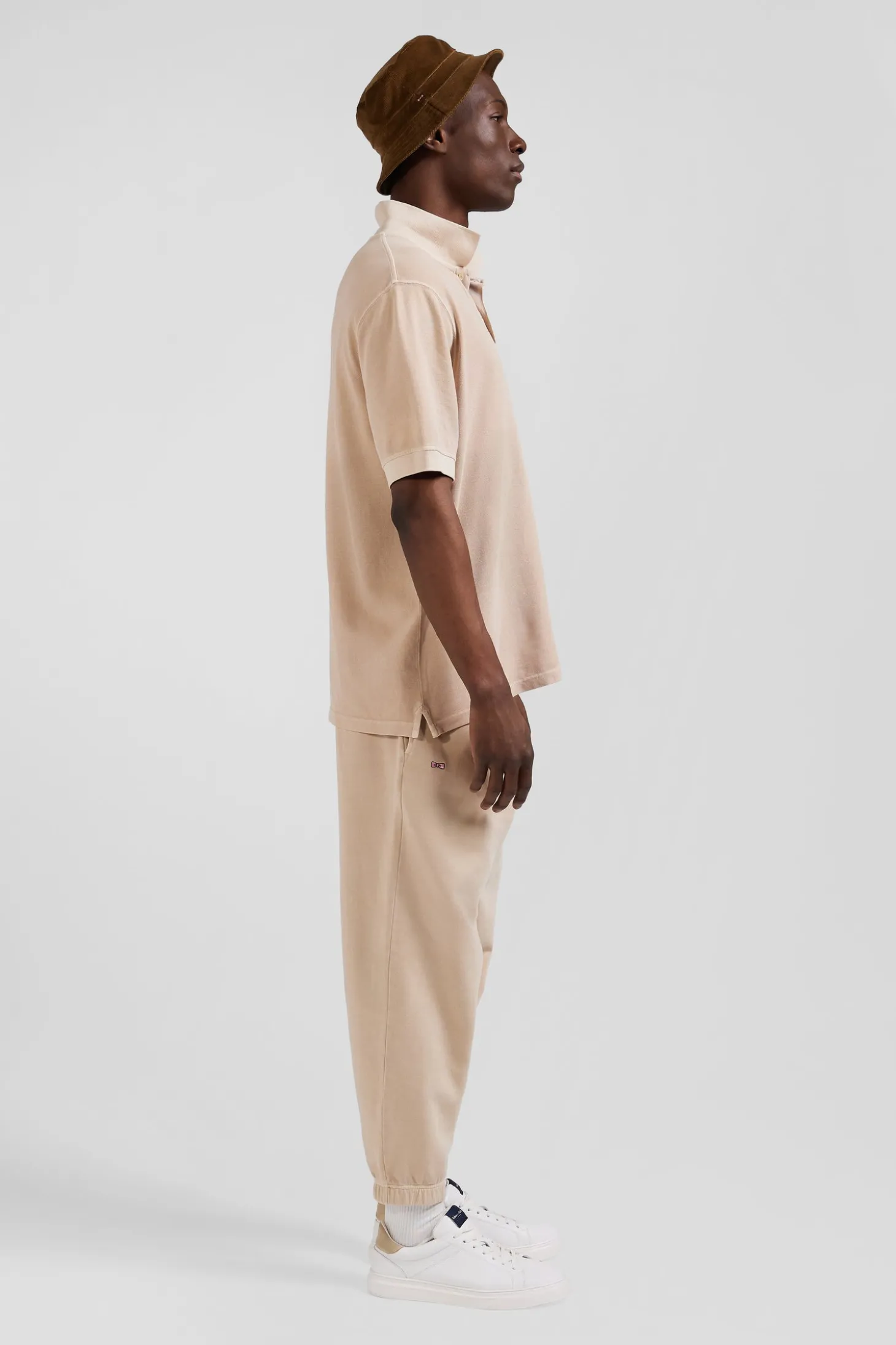 Oversized beige unisex short-sleeved cotton piqué polo shirt