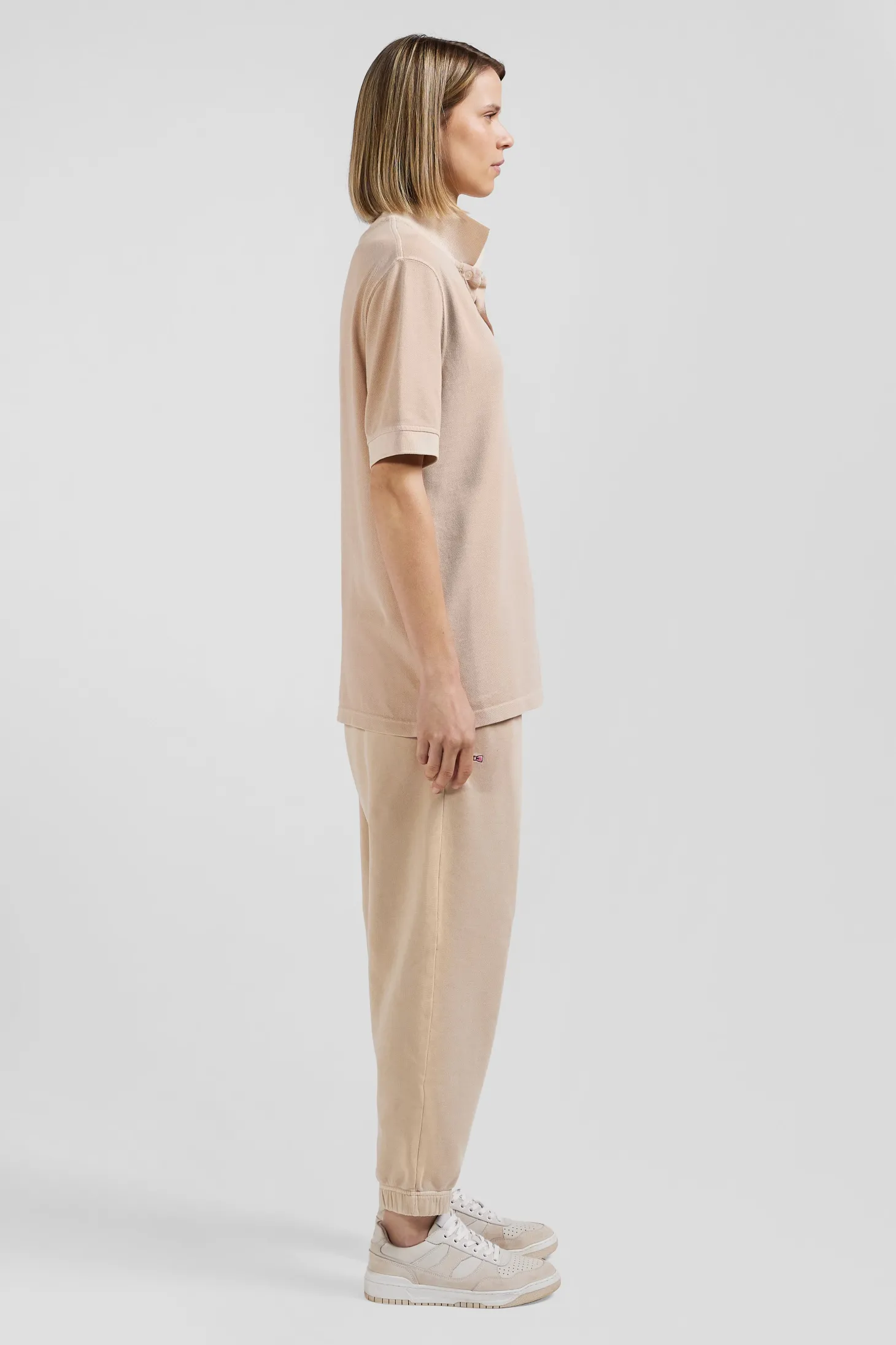Oversized beige unisex short-sleeved cotton piqué polo shirt