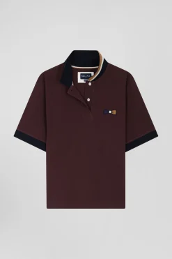 Oversized burgundy short-sleeved cotton piqué polo shirt with tricolour collar