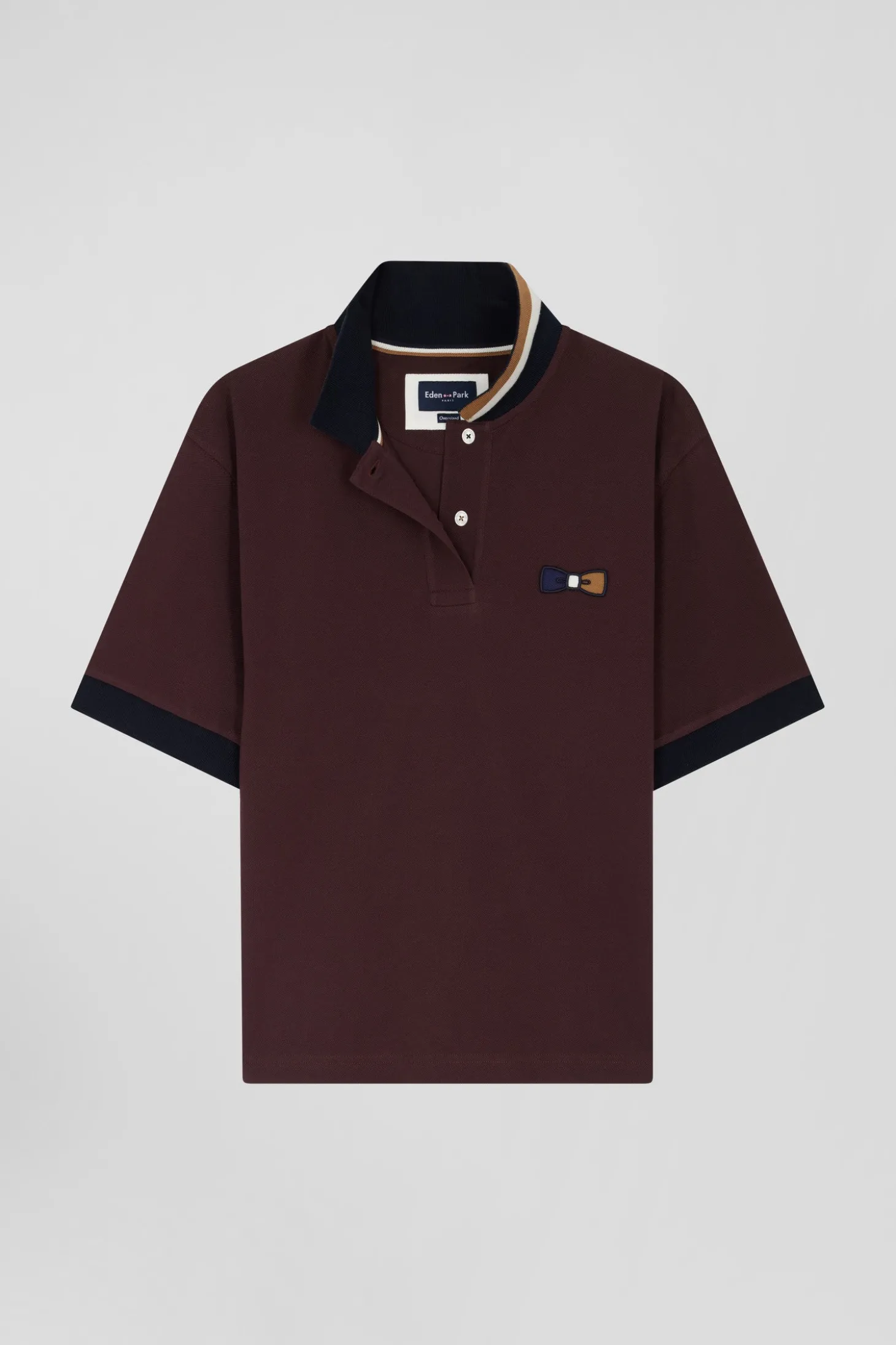Oversized burgundy short-sleeved cotton piqué polo shirt with tricolour collar
