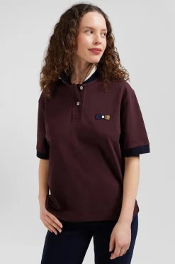 Oversized burgundy short-sleeved cotton piqué polo shirt with tricolour collar