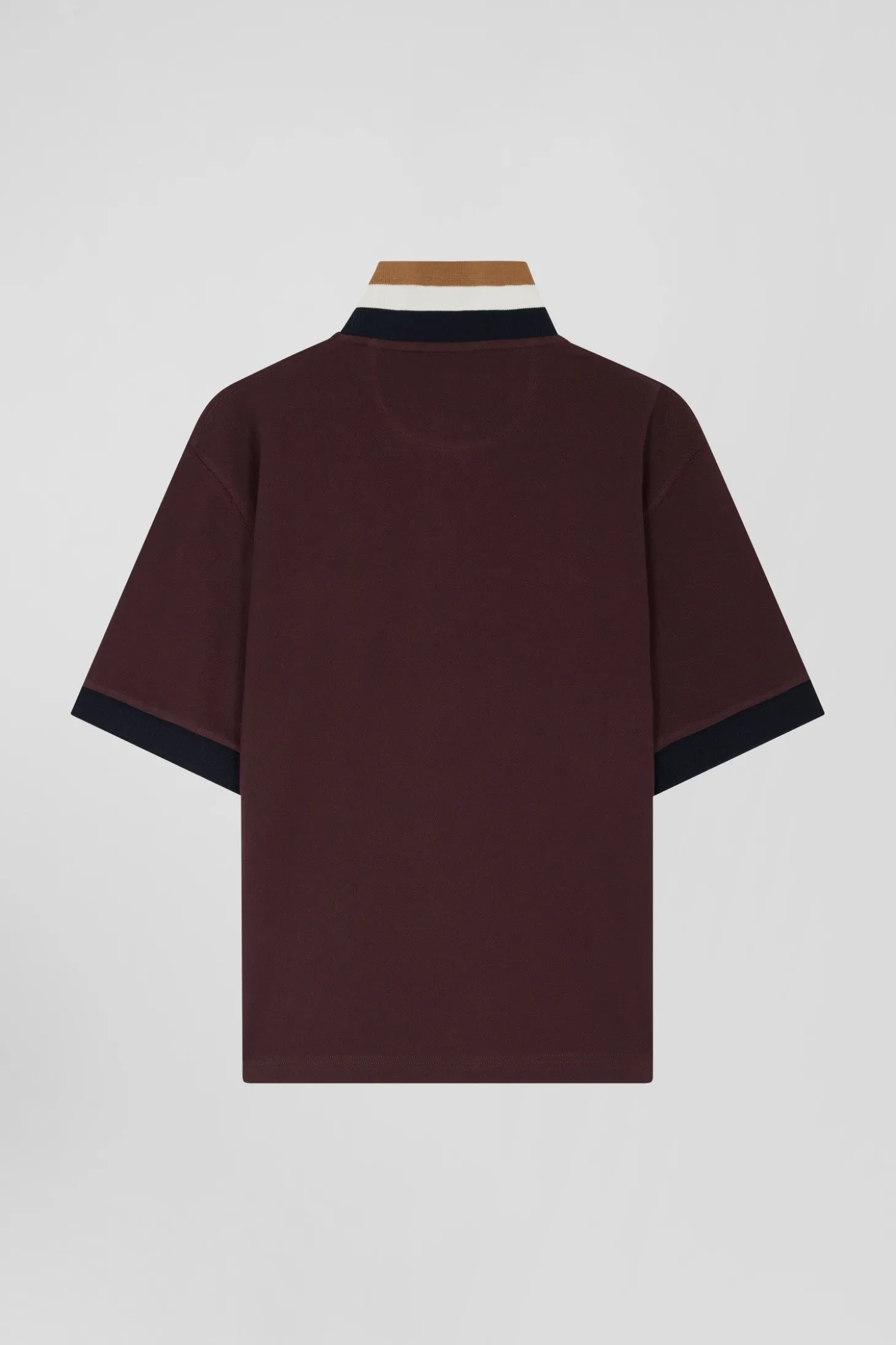 Oversized burgundy short-sleeved cotton piqué polo shirt with tricolour collar