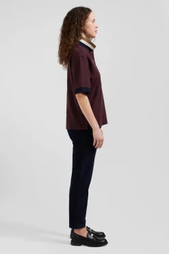 Oversized burgundy short-sleeved cotton piqué polo shirt with tricolour collar
