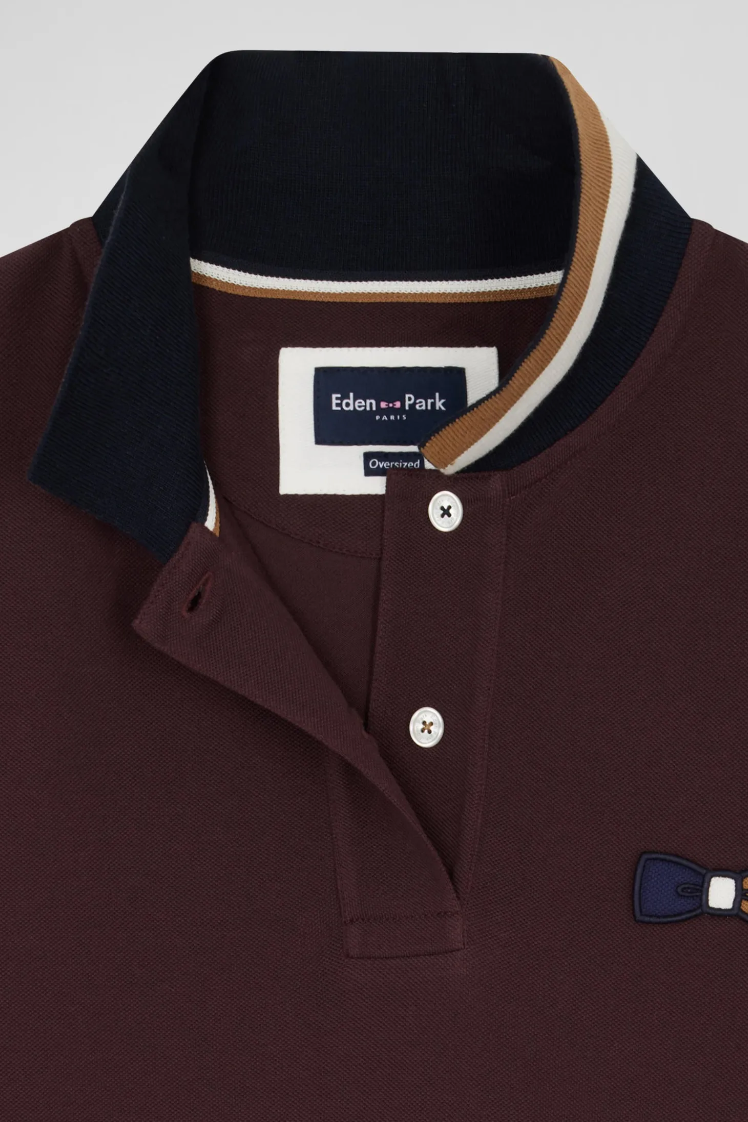 Oversized burgundy short-sleeved cotton piqué polo shirt with tricolour collar