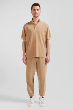 Oversized camel unisex short-sleeved cotton piqué polo shirt
