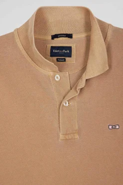 Oversized camel unisex short-sleeved cotton piqué polo shirt