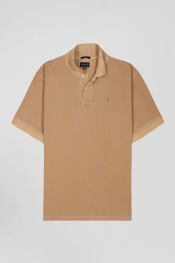 Oversized camel unisex short-sleeved cotton piqué polo shirt