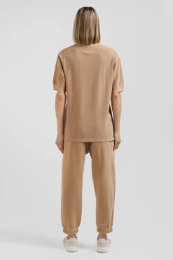 Oversized camel unisex short-sleeved cotton piqué polo shirt