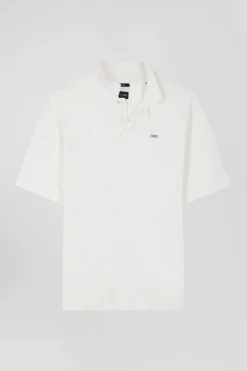 Oversized ecru unisex short-sleeved cotton piqué polo shirt