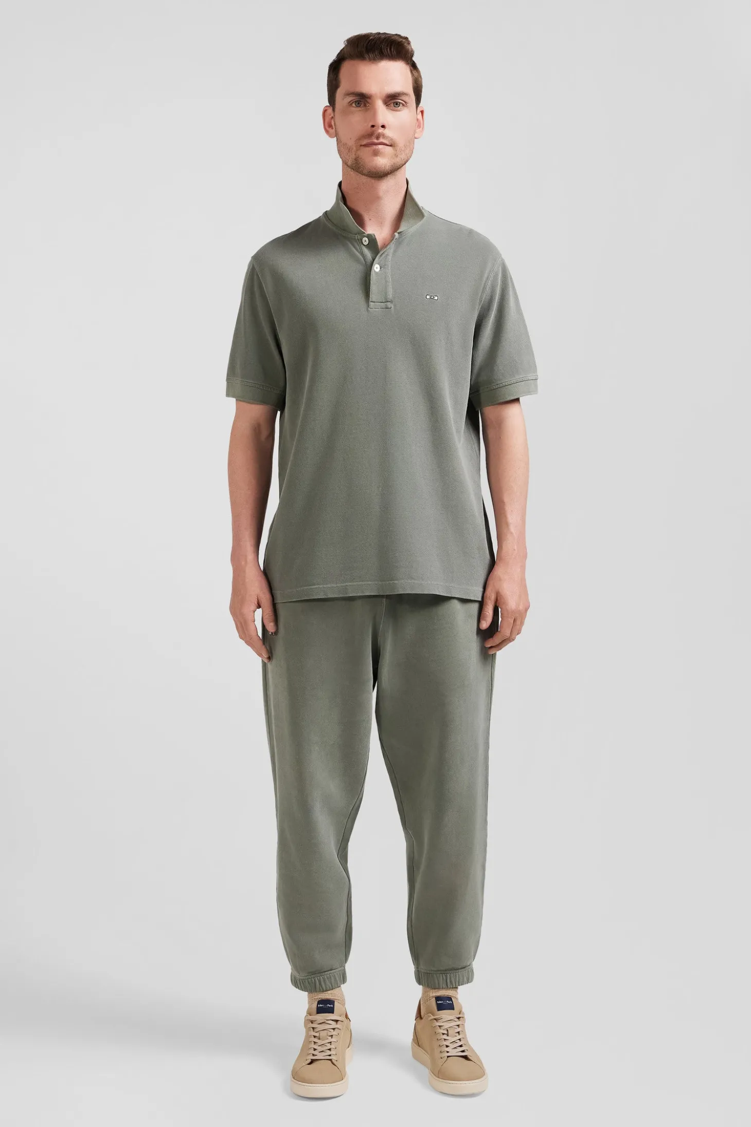 Oversized khaki unisex short-sleeved cotton piqué polo shirt