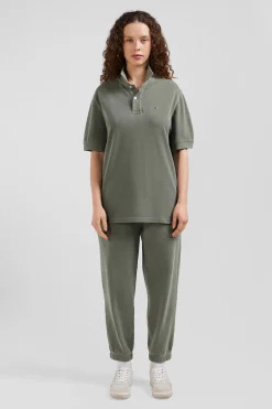 Oversized khaki unisex short-sleeved cotton piqué polo shirt