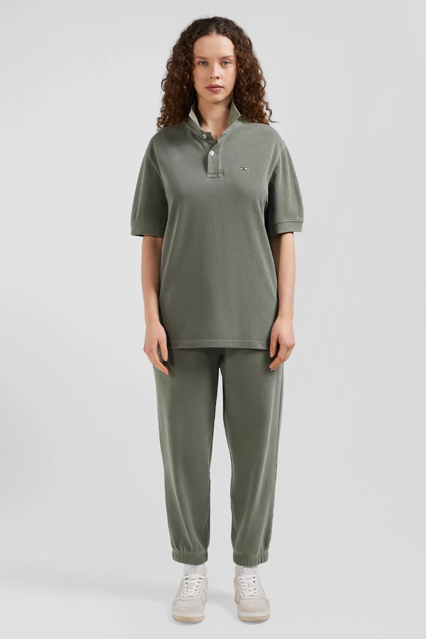 Oversized khaki unisex short-sleeved cotton piqué polo shirt