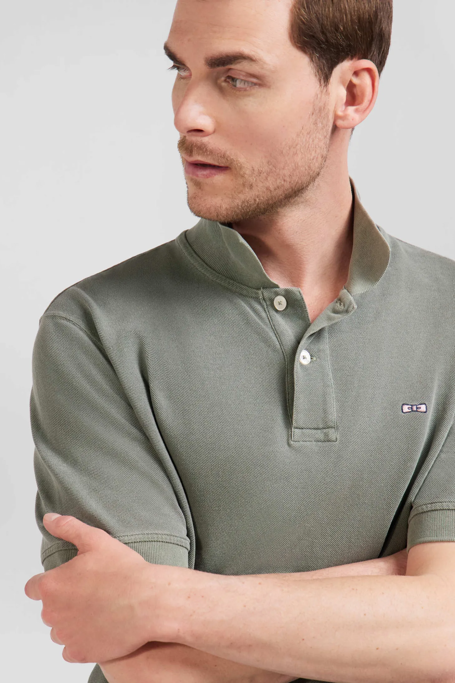 Oversized khaki unisex short-sleeved cotton piqué polo shirt