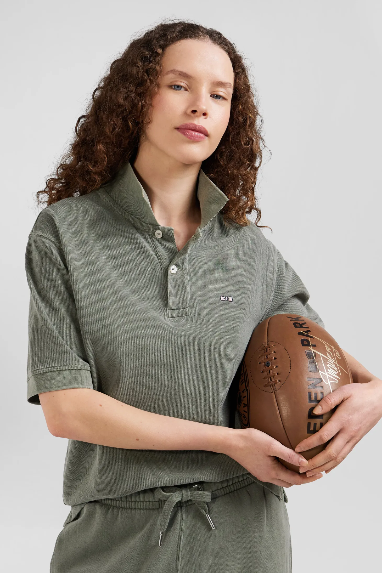 Oversized khaki unisex short-sleeved cotton piqué polo shirt