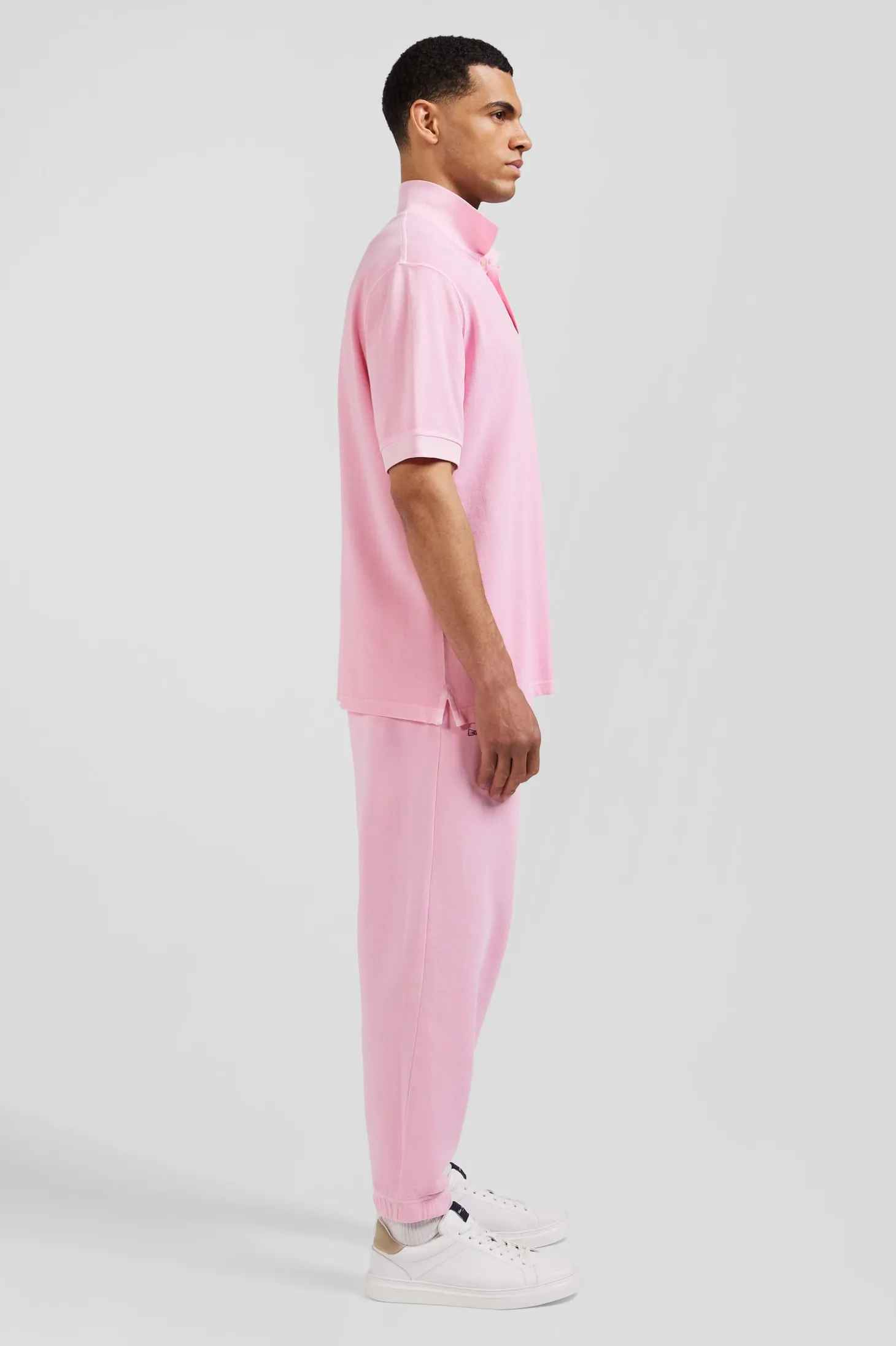 Oversized pink unisex short-sleeved cotton piqué polo shirt