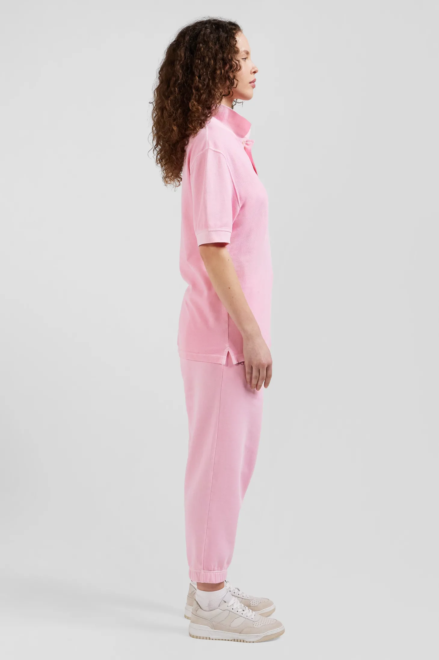 Oversized pink unisex short-sleeved cotton piqué polo shirt
