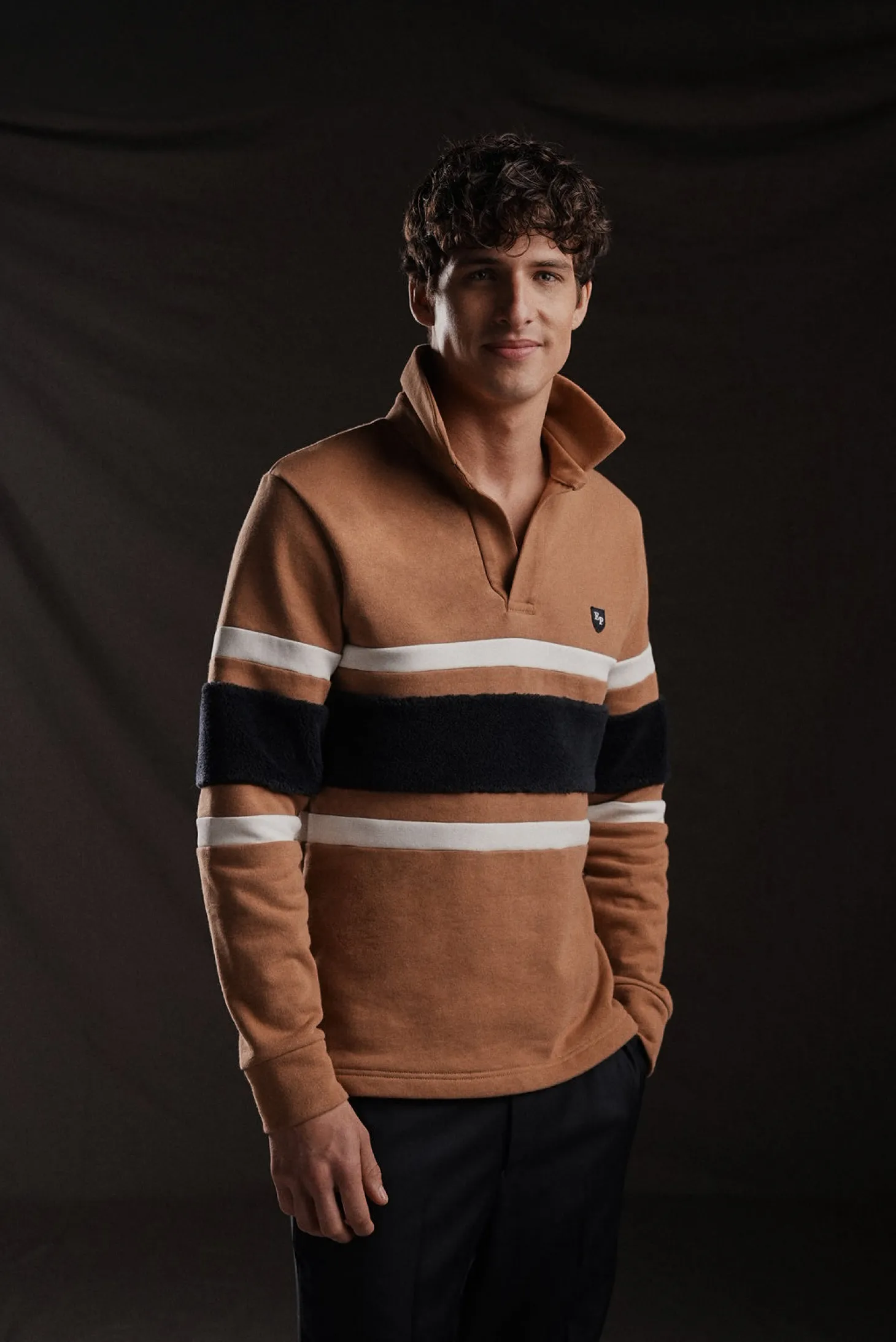 PAP'Atelier camel rugby shirt with horizontal stripes