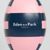 Pink leather rugby ball with striped quarters