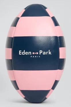 Pink leather rugby ball with striped quarters