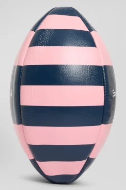 Pink leather rugby ball with striped quarters