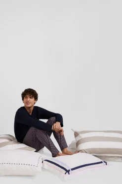 Pink long cotton pajamas with bow tie micro pattern trousers