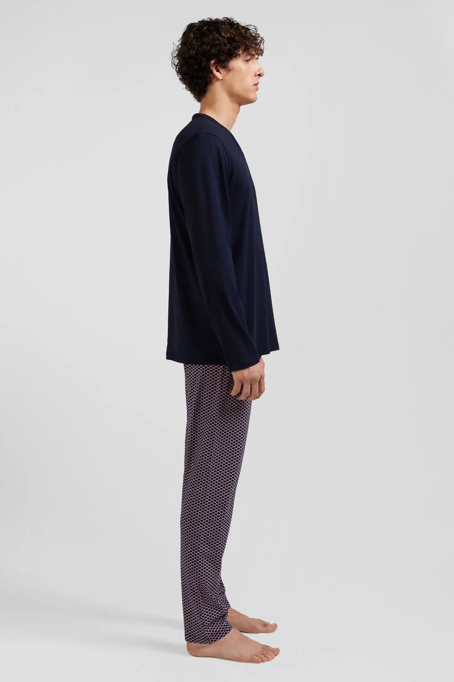 Pink long cotton pajamas with bow tie micro pattern trousers