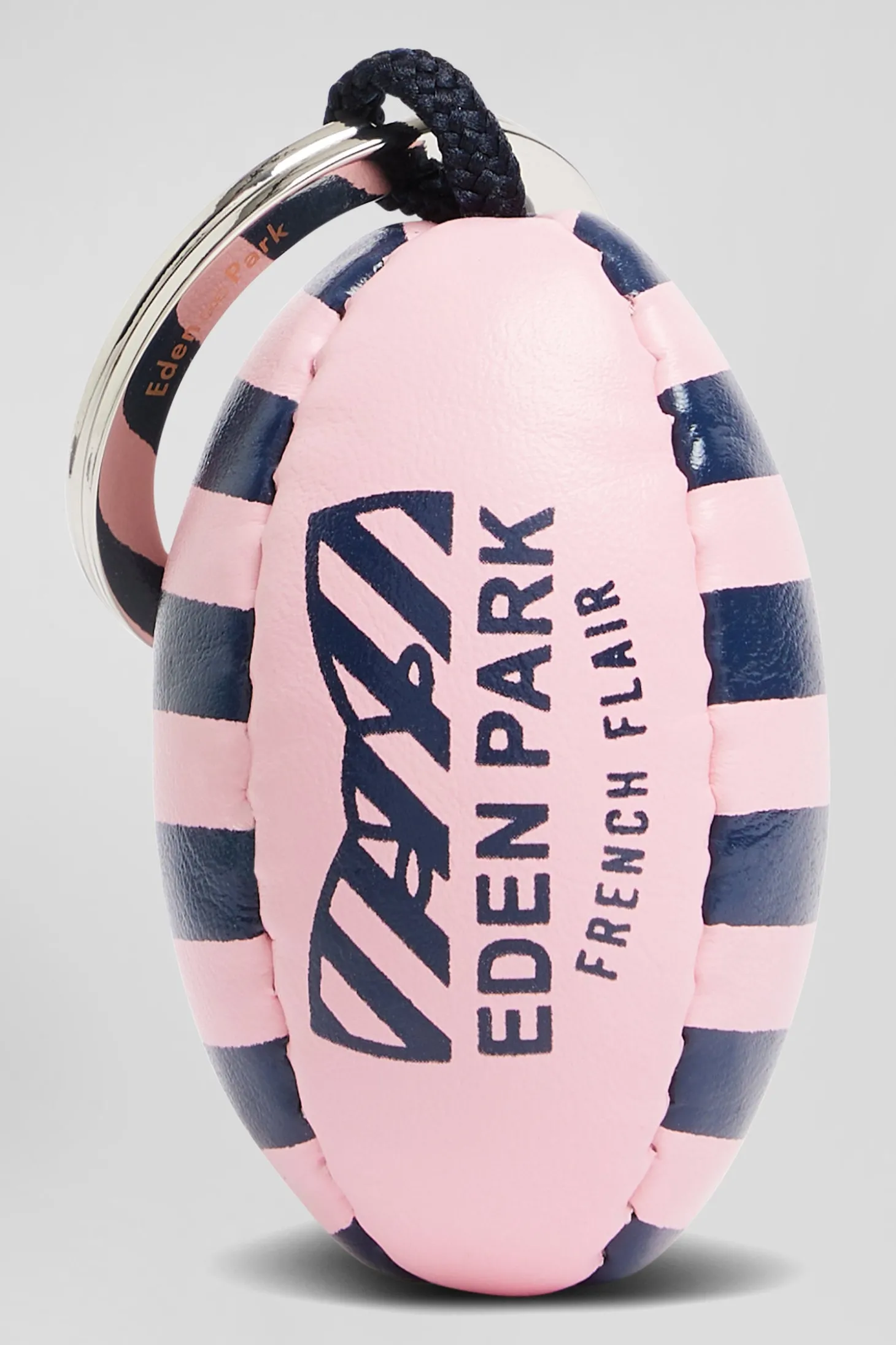 Pink striped rugby ball key ring with French Flair screen-print