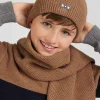 Plain camel cotton beanie with bow tie embroidery