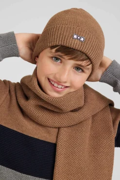 Plain camel cotton beanie with bow tie embroidery